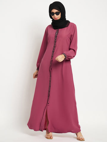 Nabia Embroidery Work Solid Pink Front Open Abaya Burqa For Women With Black Scarf