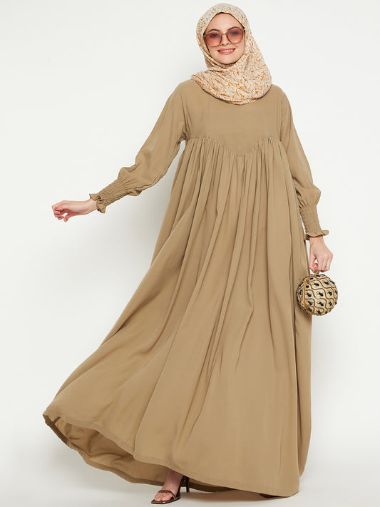 Nabia Women Beige Solid A-line Abaya Burqa with Black Georgette Scarf