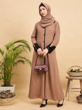 Modest Beige Front Open Coat Abaya with Matching Hijab