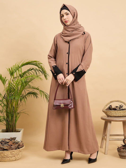 Modest Beige Front Open Coat Abaya with Matching Hijab