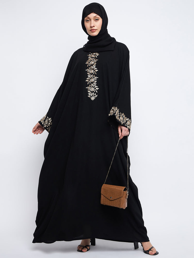 Nabia Embroidery Work Solid Loose Fit Black Abaya Burqa For Women With Black Scarf