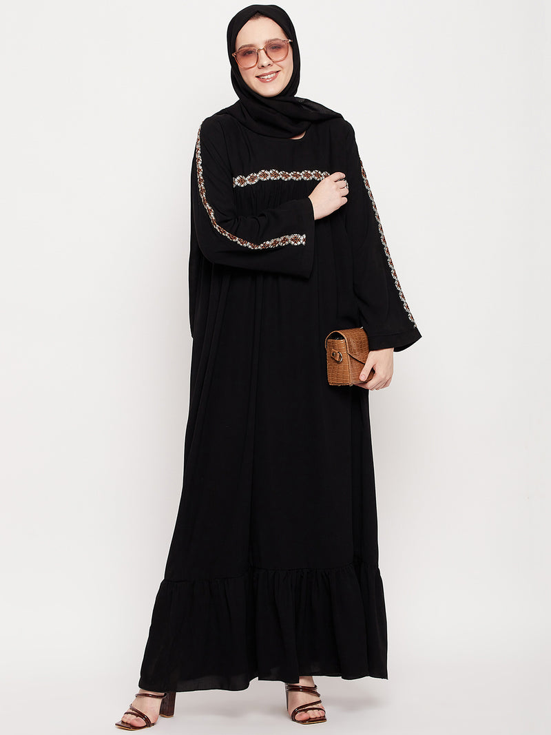 Nabia Women Black Solid Abaya Burqa With Black Georgette Scarf