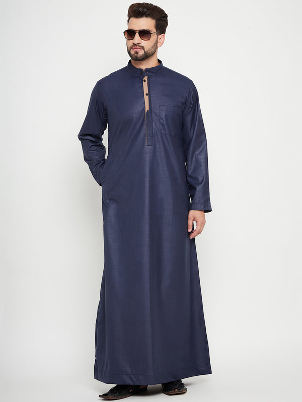 Nabia Blue Solid Mens Band Collar Thobe / Jubba with Beige Piping Design