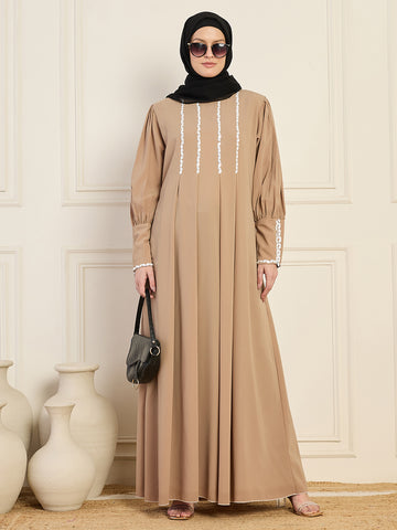 Nabia Beige Solid Luxury Handworked Abaya Burqa for Women with Black Georgette Hijab
