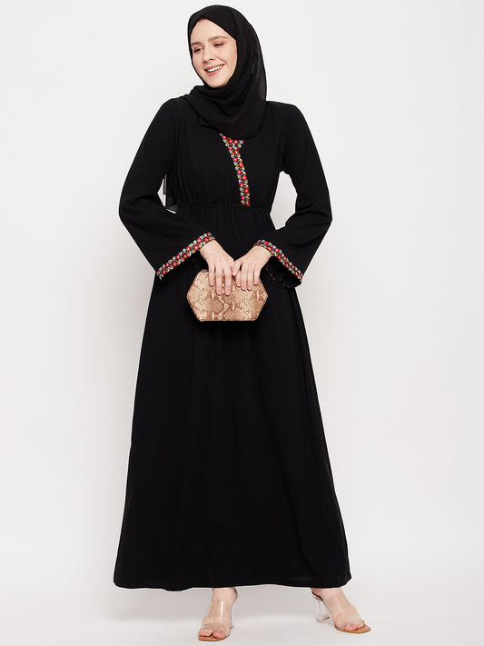 Nabia Black Abaya/Burqa with Black Georgette Scarf for Women
