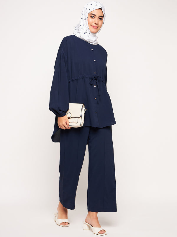 Nabia Blue Solid Elasticated Sleeves Co-ord Set for Women