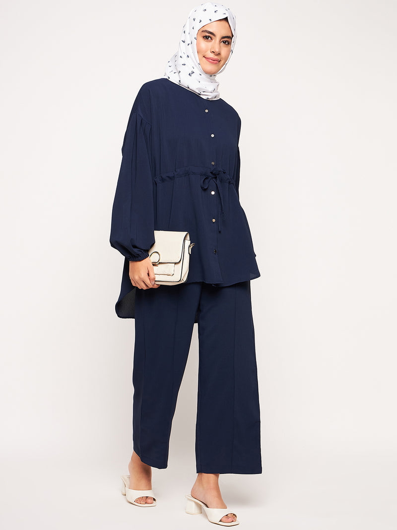 Nabia Blue Solid Elasticated Sleeves Co-ord Set for Women