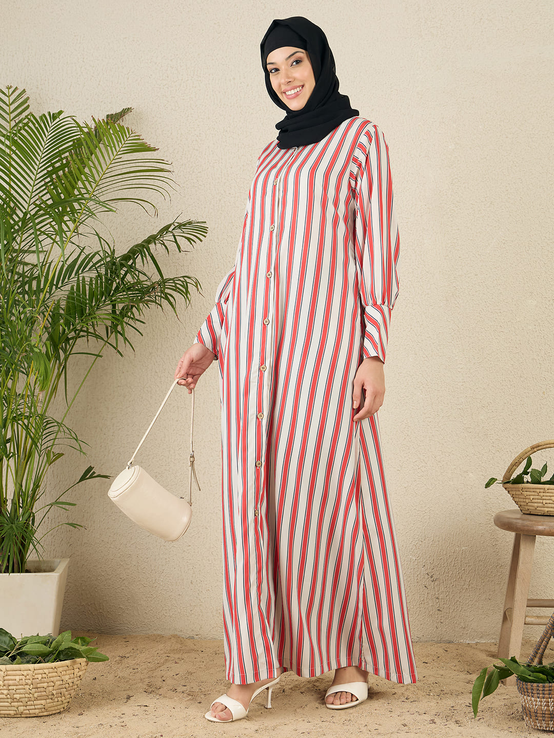 Front Open Striped Printed Abaya with Black Georgette Scarf