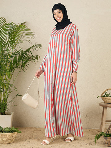 Front Open Striped Printed Abaya with Black Georgette Scarf