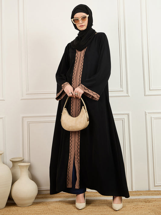 Nabia Black and Beige Handwork Abaya with Black Hijab