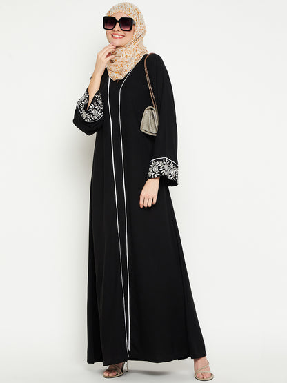 Nabia Embroidery Black Abaya Burqa for Women with Black Georgette Scarf