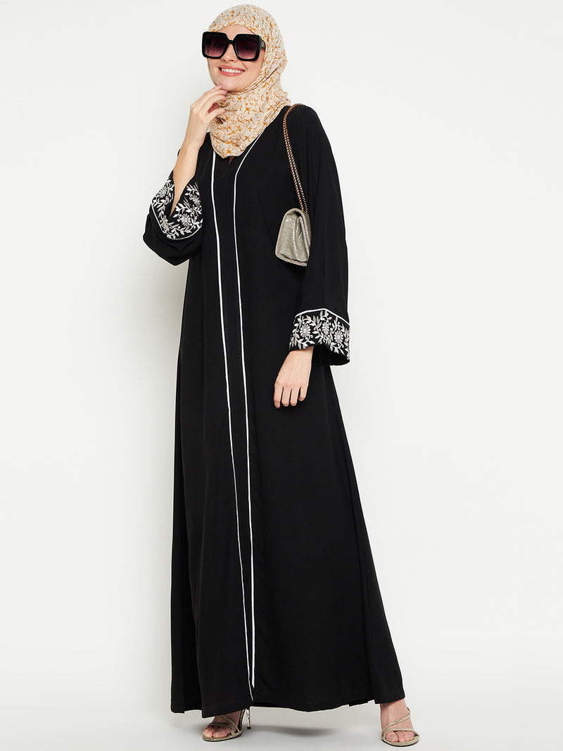 Nabia Women Embroidery Black Solid Abaya Burqa With Black Georgette Scarf