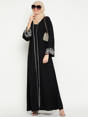 Nabia Women Embroidery Black Solid Abaya Burqa With Black Georgette Scarf