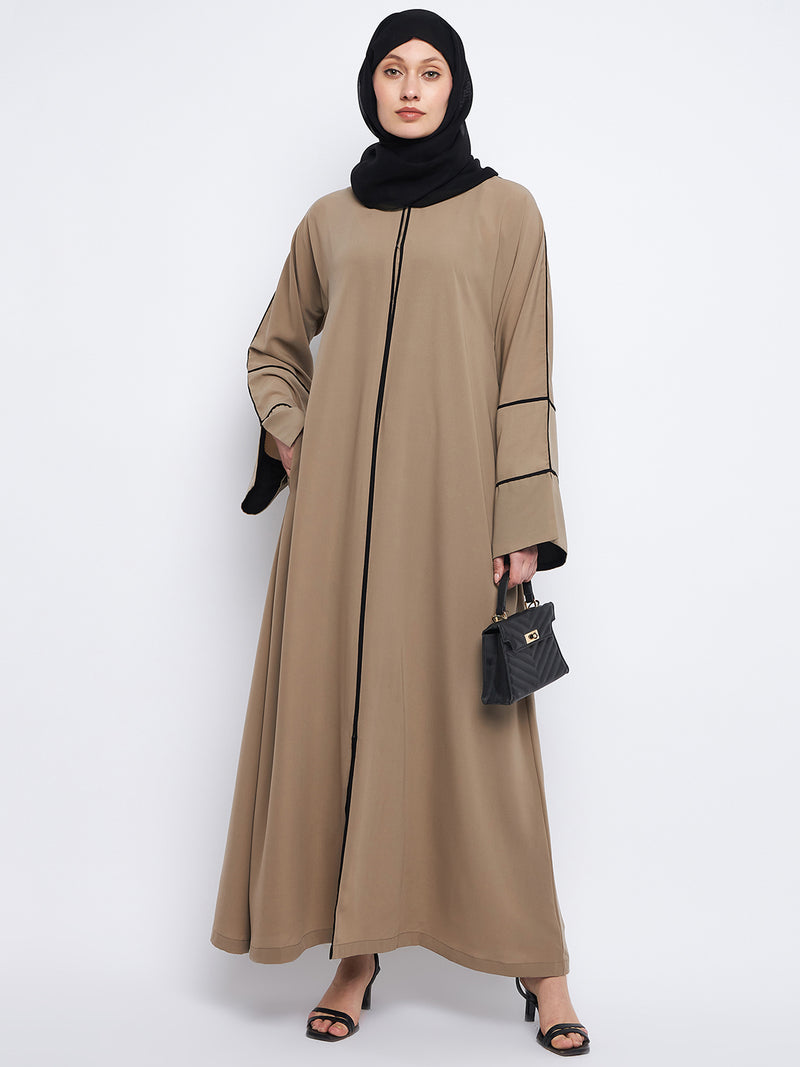 Nabia Women Solid A-line Nida Matte Fabric Beige Abaya Burqa With Black Georgette Scarf
