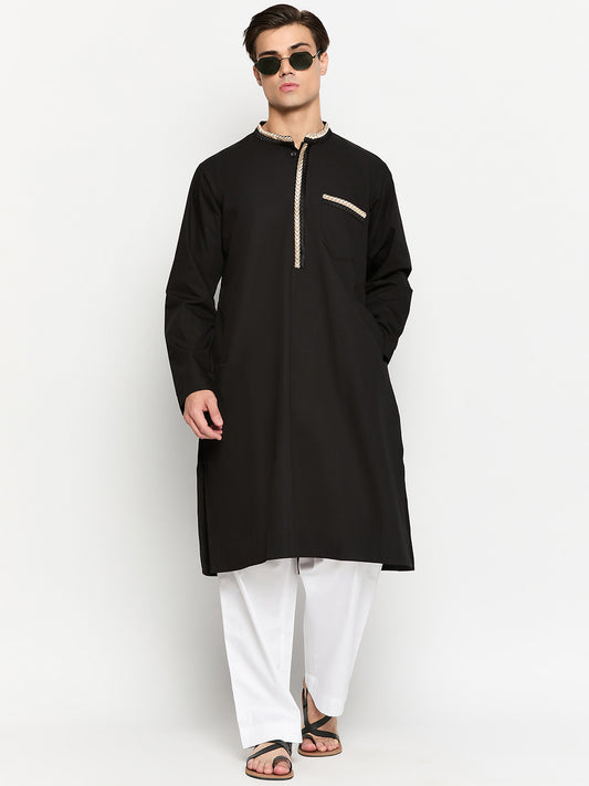 Black Solid Embroidery Details Men's Kurta