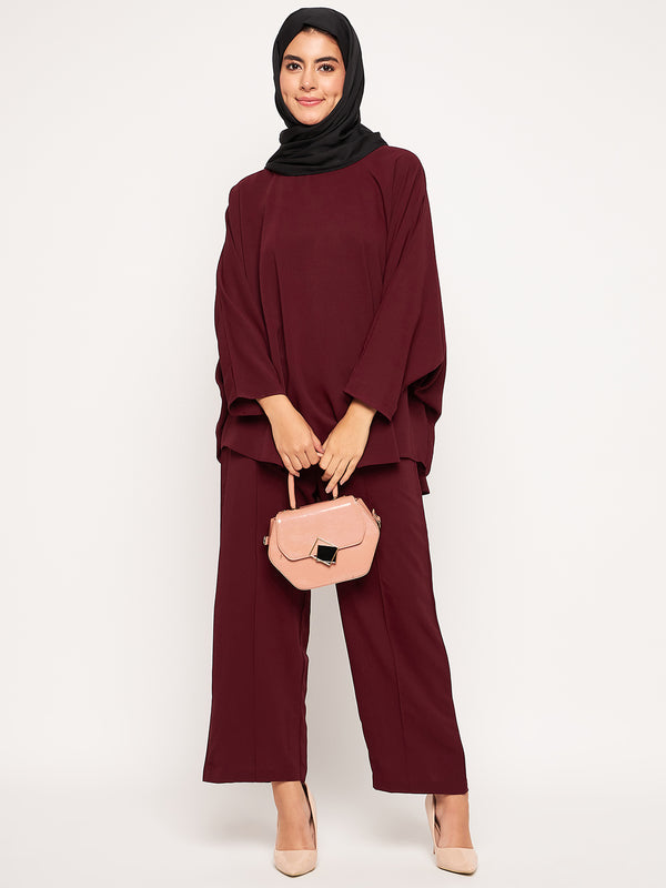 Nabia Maroon Solid Round Neck Co-ord Set for Women