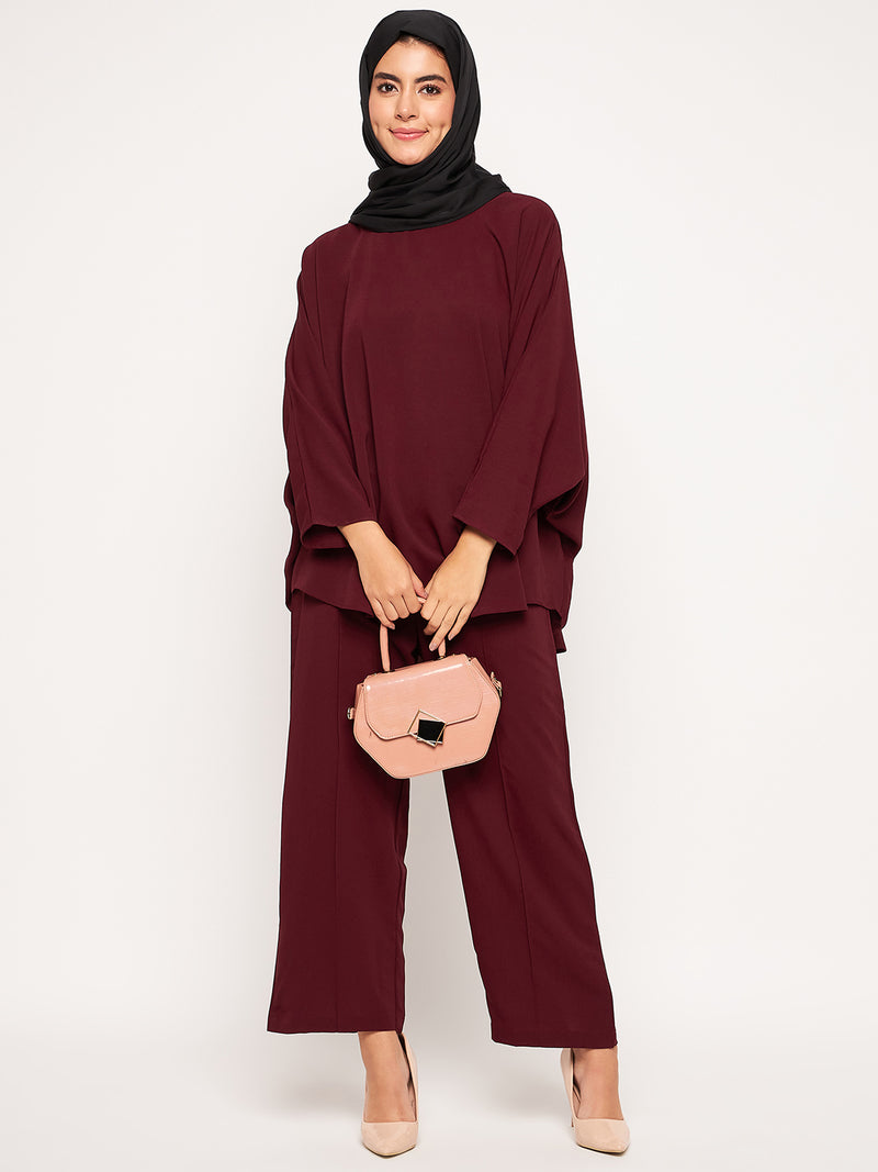 Nabia Maroon Solid Round Neck Co-ord Set for Women