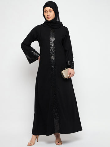 Nabia Embroidery Slip-On Closure Round Neck Black Abaya Burqa With Black Scarf