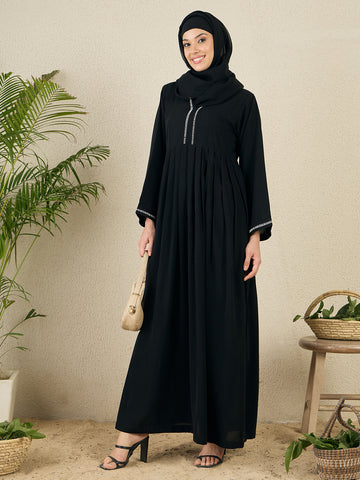 Black Embroidery Nida Matte Abaya with Black Scarf