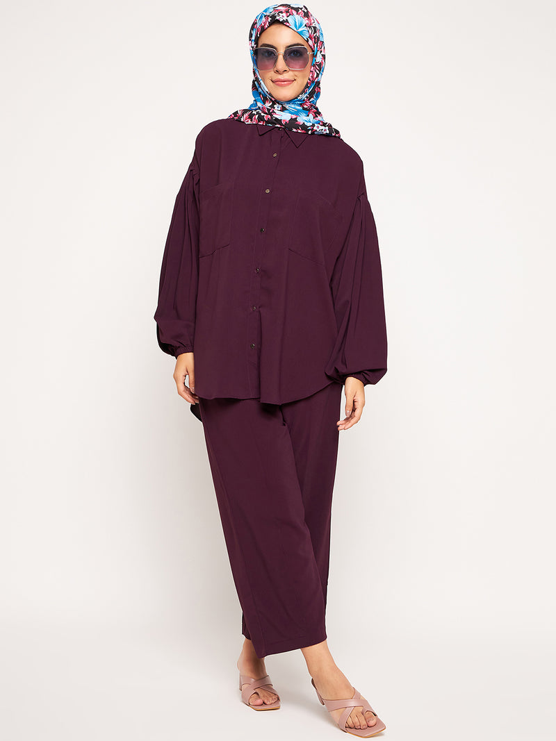 Nabia Purple Solid Puffed Sleeves Co-ord Set for Women