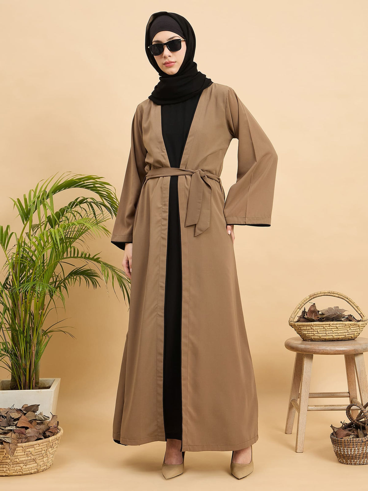 2 Piece Shrug Abaya Set with Black Hijab For Women