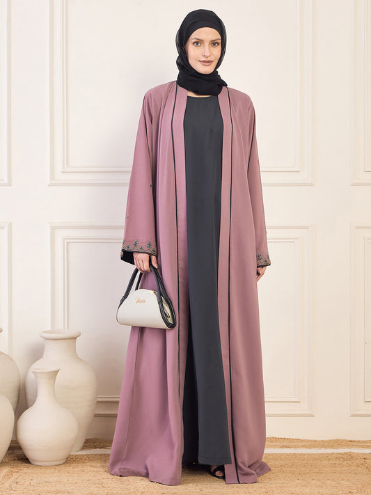 Nabia Pink and Olive Black Handwork Abaya with Black Hijab
