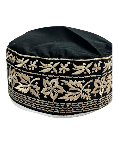 Men's Black Cotton Embroidered Kufi Cap