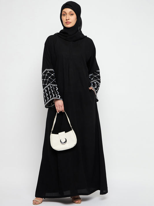 Nabia Kefiyyeh Embroidery Front Zip Closure Black Abaya Burqa With Black Scarf