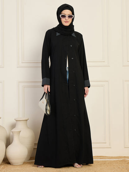 Nabia Black Front-Open Abaya with Black Georgette Hijab