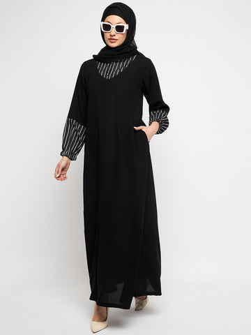 Black Nida Matte A_line Shirt Collar Abaya With Black Georgette Scarf