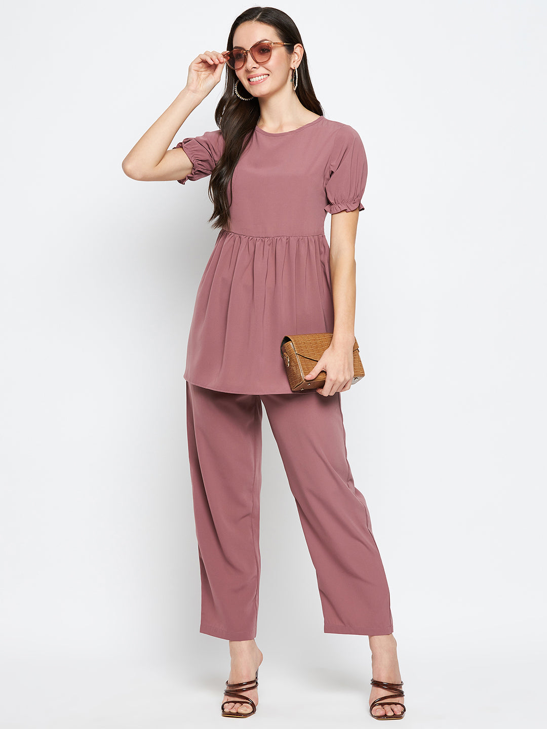 Nabia Women Puce Pink Solid Co-Ord Set