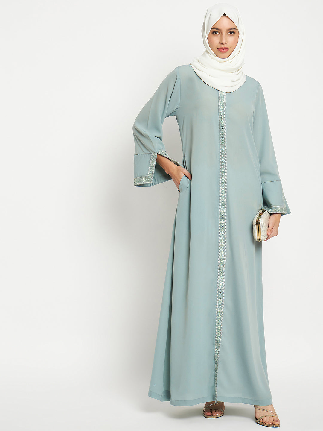Nabia Embroidery Work Front Open Abaya with Black Scarf