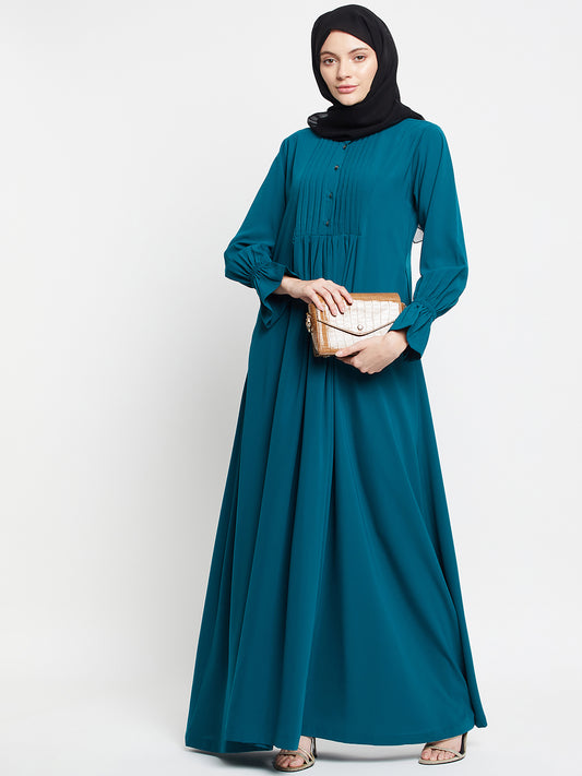 Green Solid A-line Abaya with Black Georgette Scarf