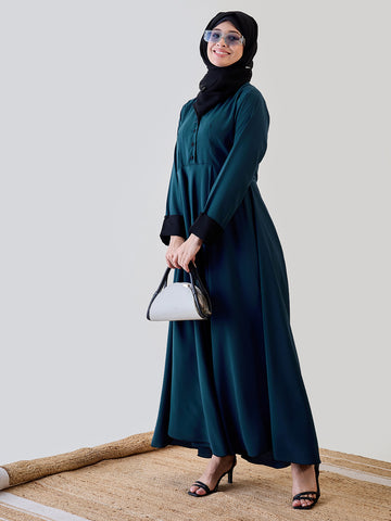 Nabia Women Teal Solid Coat Type Abaya Burqa With Black Georgette Hijab