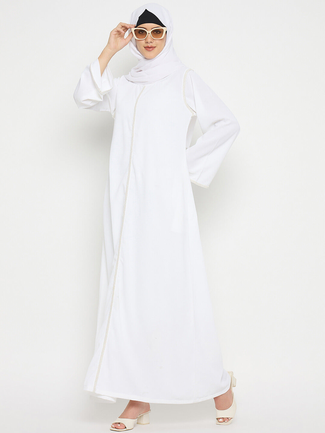 White Embroidery Abaya with Black Hijab