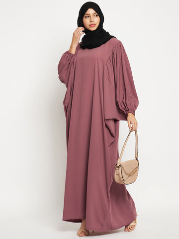 Nabia Pink Solid Women Kaftan Abaya Burqa With Black Georgette Scarf