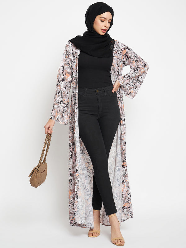 Nabia Women Multicolor Printed Front Open Shrug Abaya with Black Scarf