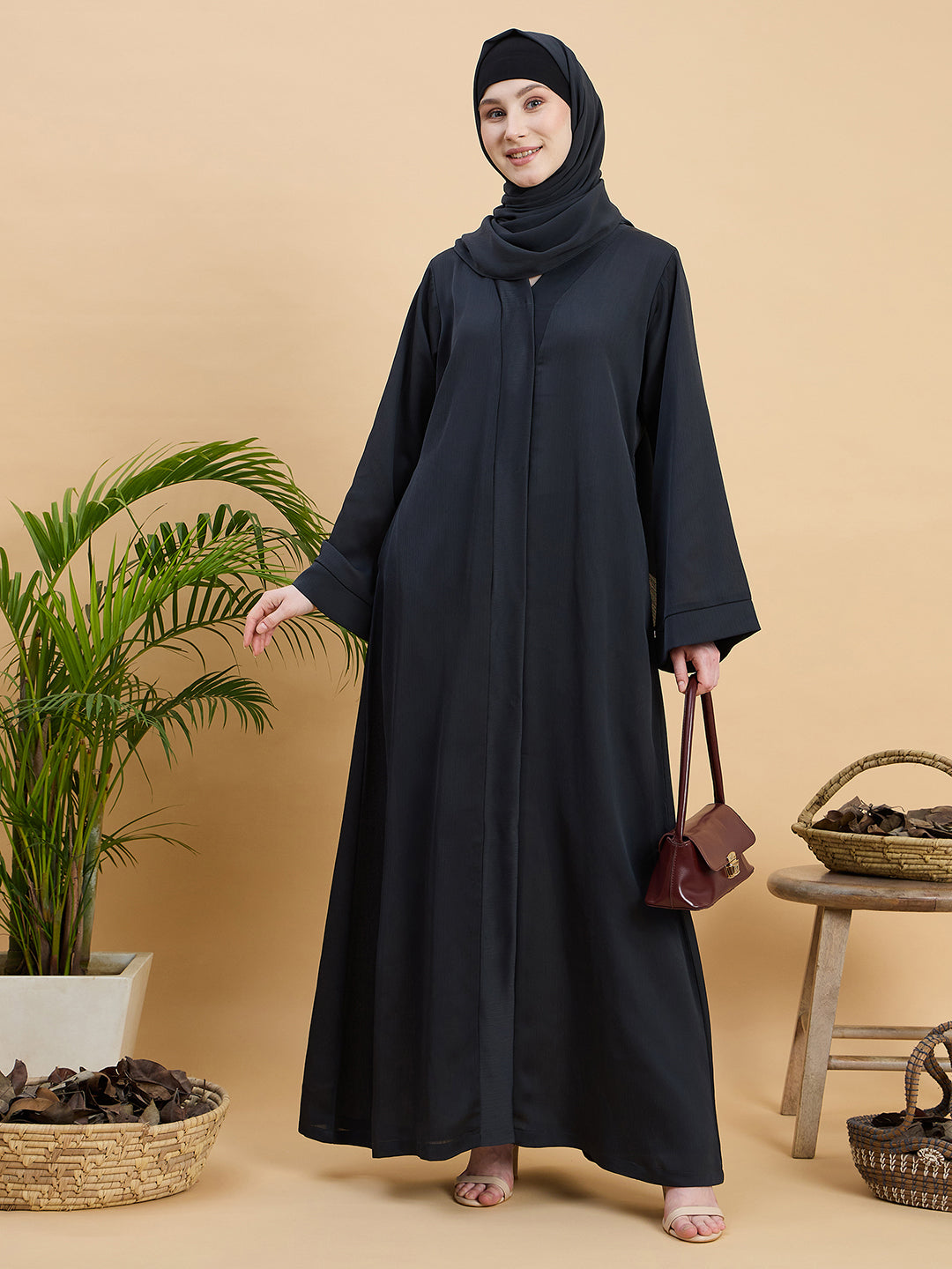 Olive Black Front Open Dubai Abaya Burqa with Matching Hijab