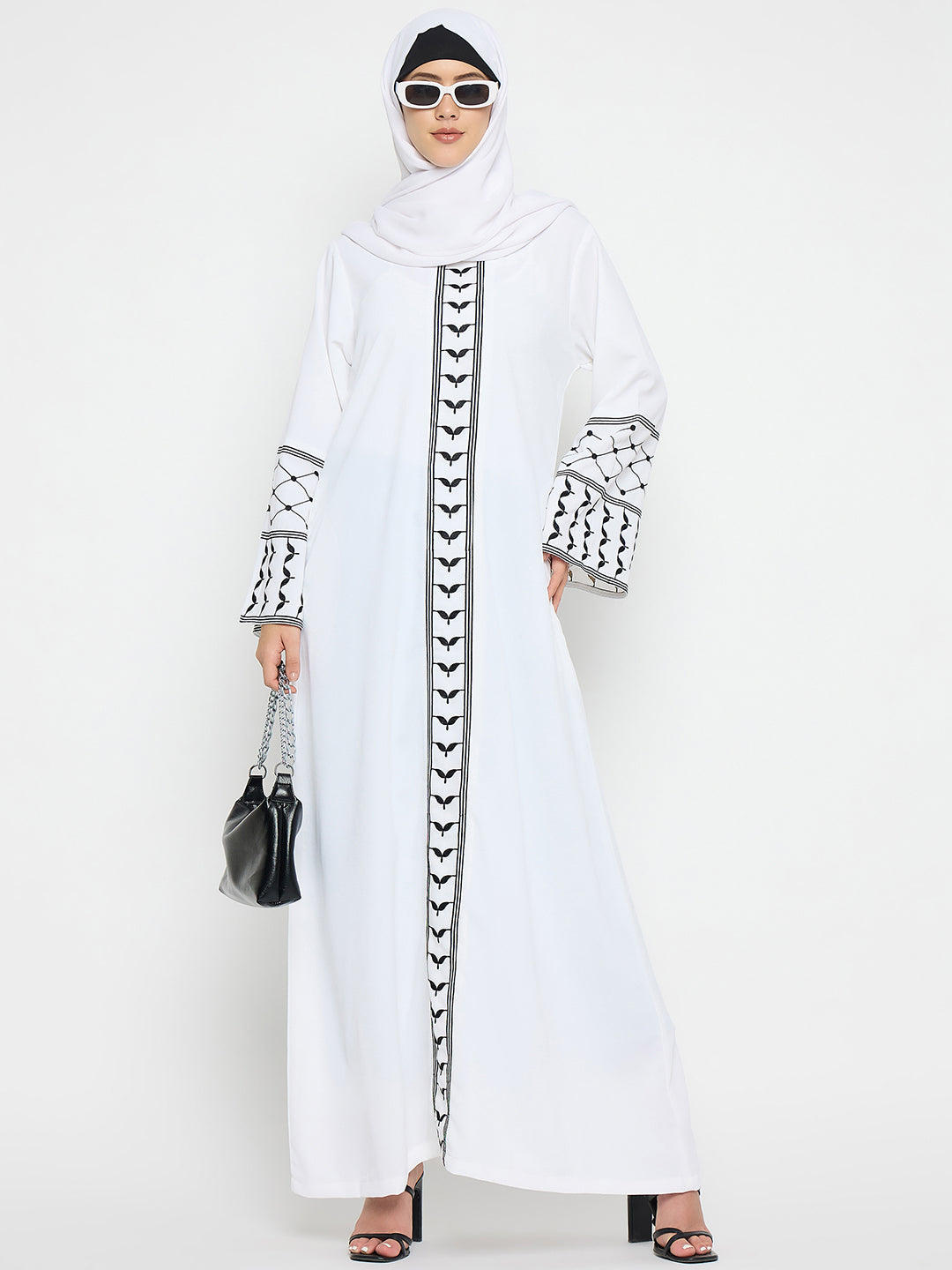 Nabia Kefiyyeh Embroidery White Abaya Burqa with Black Hijab
