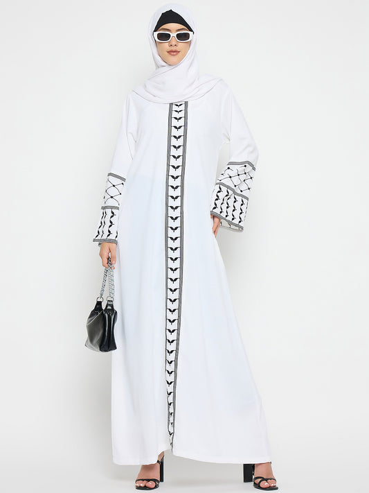 Nabia Kefiyyeh Embroidery White Abaya Burqa with Black Hijab