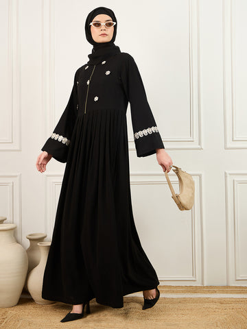 Nabia Women Embroidery Detailing Black Abaya Burqa With Matching Georgette Hijab