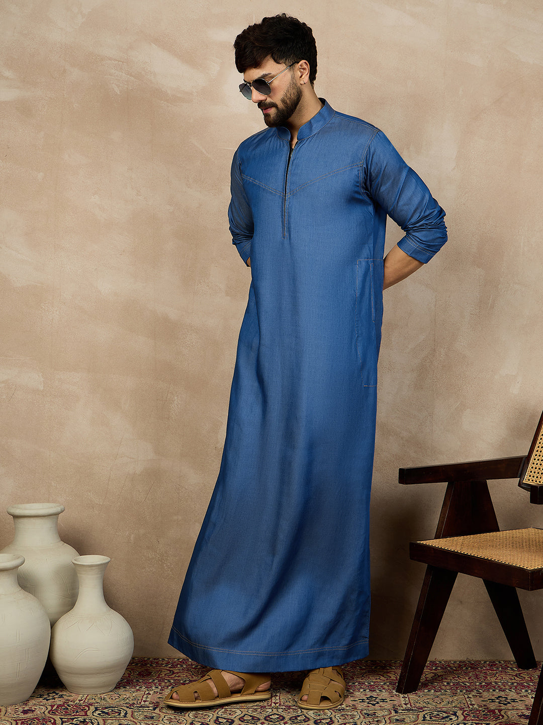 Nabia Blue Solid Zip Closure Denim Jubba / Thobe For Men