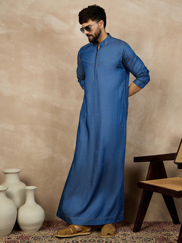 Nabia Blue Solid Zip Closure Denim Jubba / Thobe For Men