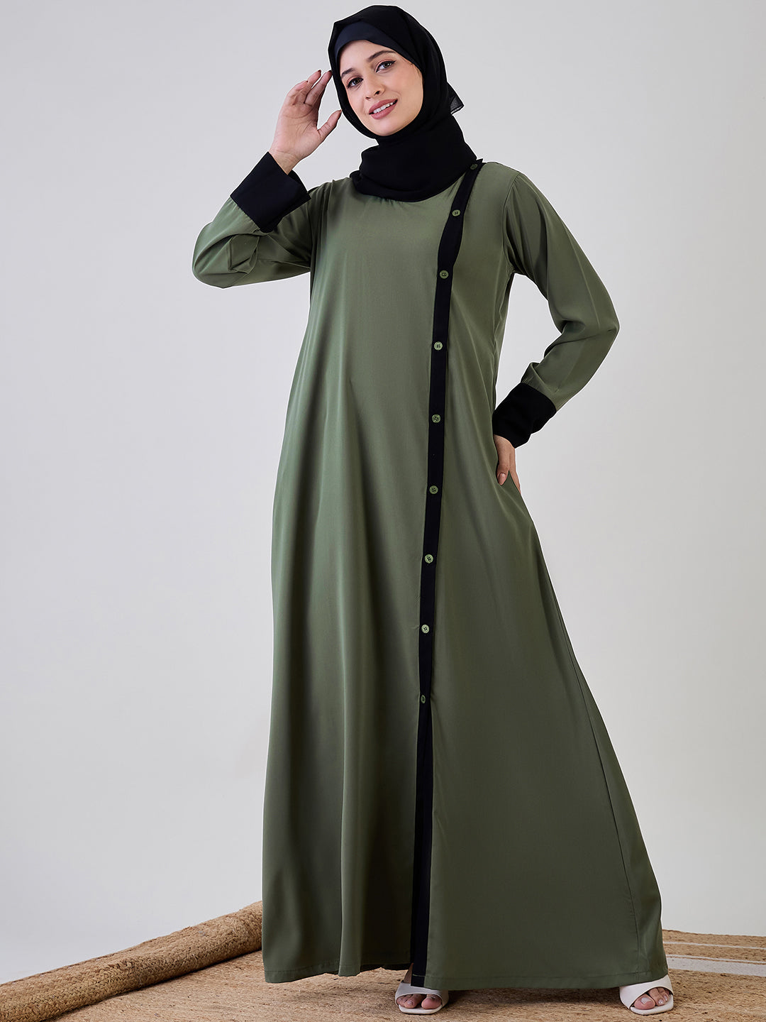 Nabia Jade Green Front Open Abaya with Black Georgette Hijab