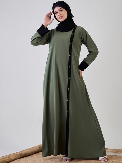 Nabia Jade Green Front Open Abaya with Black Georgette Hijab