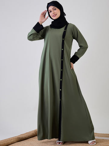 Nabia Women Jade Green Solid Front Open Abaya Burqa With Black Georgette Hijab