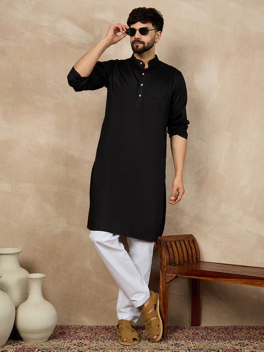 Nabia Black Solid Kurta and White Pajama Set