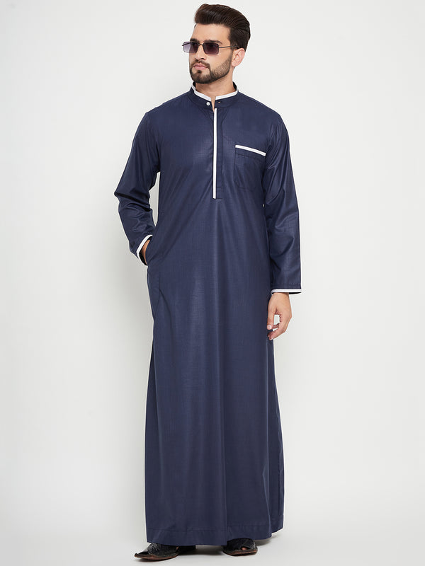 Nabia Blue Solid Mens Straight Sleeves Thobe / Jubba with White Piping Design