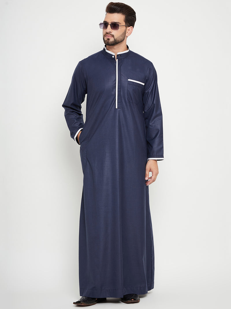 Nabia Blue Solid Mens Straight Sleeves Thobe / Jubba with White Piping Design