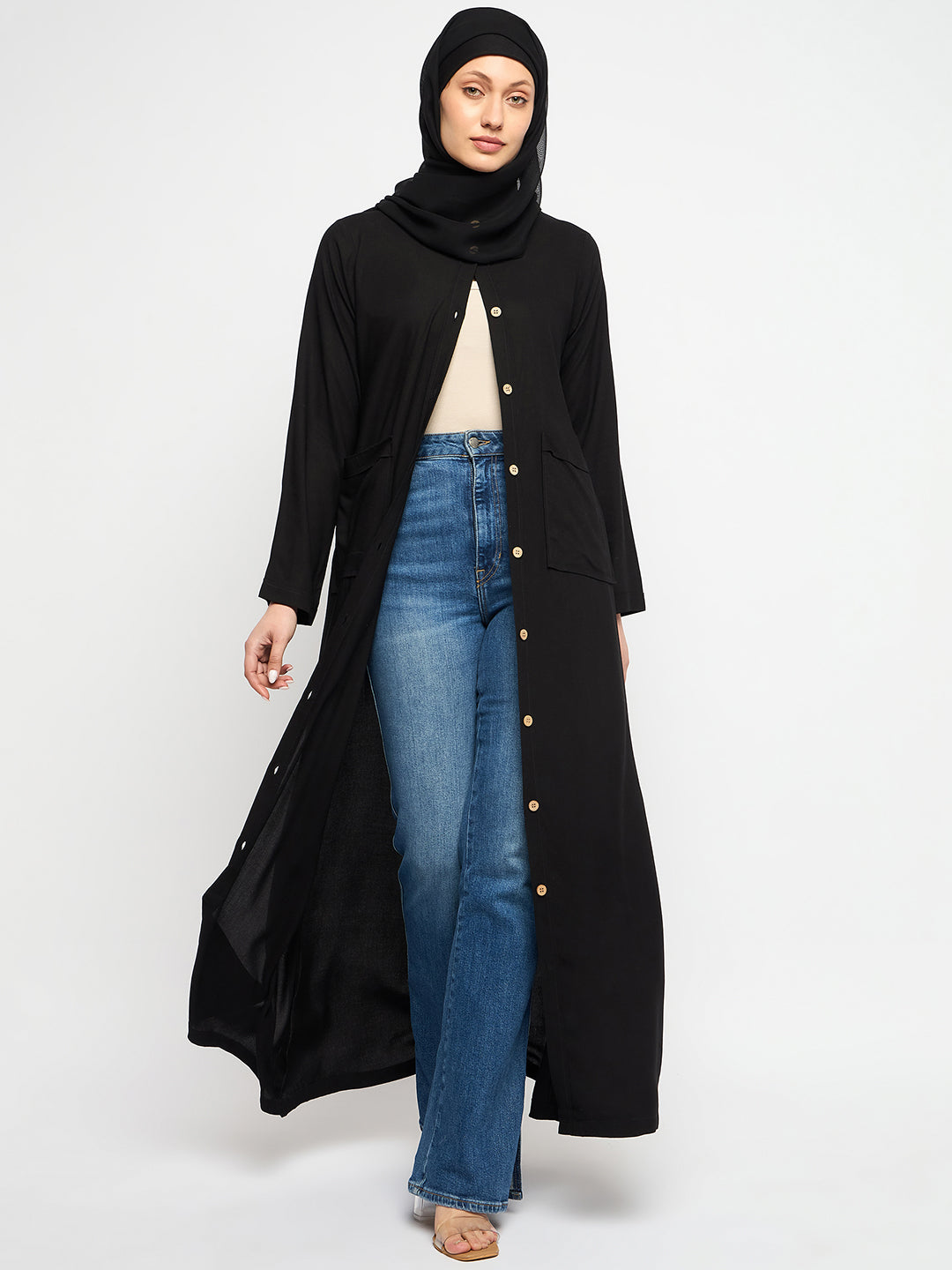 Black Rayon Front Open Abaya with Georgette Scarf